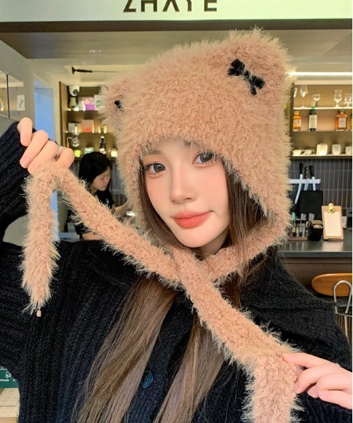 WEGO（ウィゴー）の「WEGO/猫耳リボンニットキャップ/ビーニー（ニットキャップ/ビーニー・レディース・ブラック/キャメル/ピンク/ホワイト・FREE）」の3枚目の写真