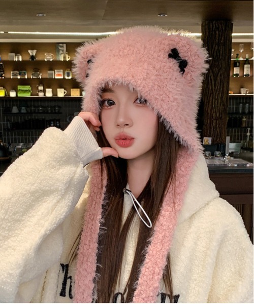 WEGO（ウィゴー）の「WEGO/猫耳リボンニットキャップ/ビーニー（ニットキャップ/ビーニー・レディース・ブラック/キャメル/ピンク/ホワイト・FREE）」の4枚目の写真