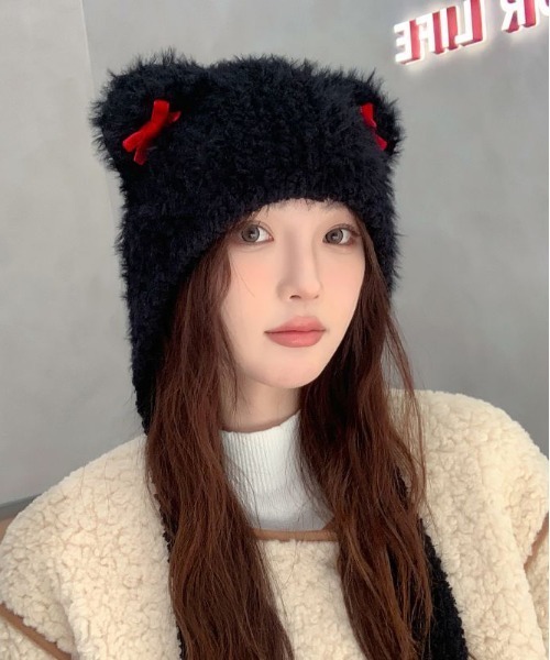 WEGO（ウィゴー）の「WEGO/猫耳リボンニットキャップ/ビーニー（ニットキャップ/ビーニー・レディース・ブラック/キャメル/ピンク/ホワイト・FREE）」の2枚目の写真