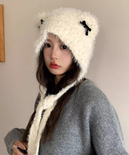 WEGO（ウィゴー）の「WEGO/猫耳リボンニットキャップ/ビーニー（ニットキャップ/ビーニー・レディース・ブラック/キャメル/ピンク/ホワイト・FREE）」の10枚目の写真