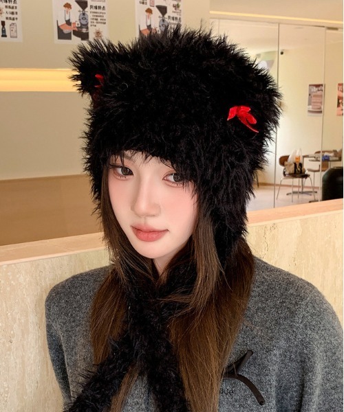 WEGO（ウィゴー）の「WEGO/猫耳リボンニットキャップ/ビーニー（ニットキャップ/ビーニー・レディース・ブラック/キャメル/ピンク/ホワイト・FREE）」の6枚目の写真