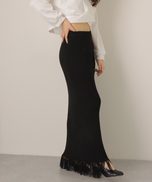 fringe long lib knit skirt /裾フリンジ ロング リブ ニット スカート