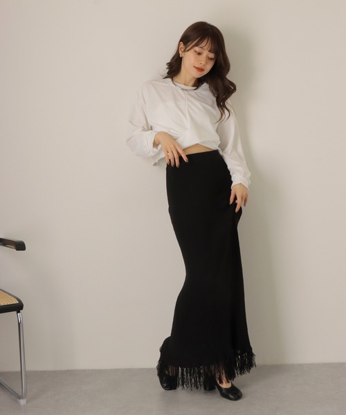 fringe long lib knit skirt /裾フリンジ ロング リブ ニット スカート