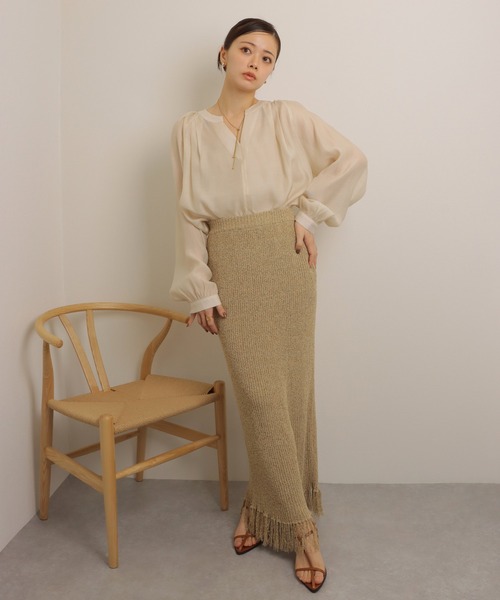 fringe long lib knit skirt /裾フリンジ ロング リブ ニット スカート