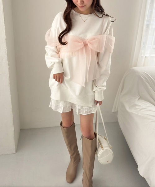 one after another NICE CLAUP(ワンアフターアナザーナイスクラップ)の「チュールリボンビスチェ付き裏毛スウェット(スウェット・レディース・オフホワイト/杢グレー/レモンイエロー・FREE)」の22枚目の写真