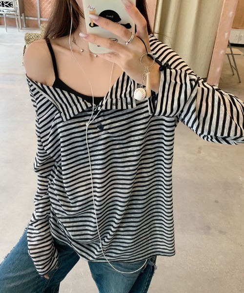 GEMEDA（ジェメダ）の「ボーダーボタンシャーリングオフショルTシャツ（Tシャツ/カットソー・レディース・ベージュ/ブラック/ブラック×ホワイト/ピンク・M）」の10枚目の写真
