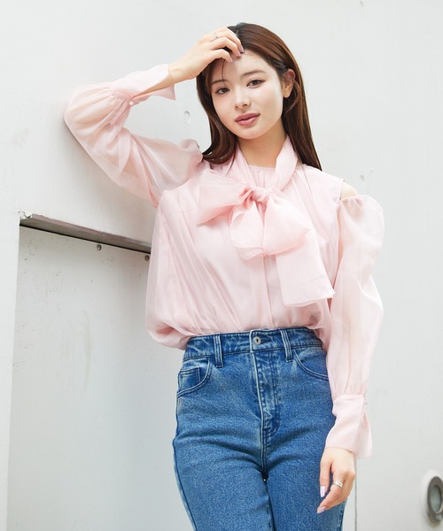 ブラウス シャツ マルチWAYリボン付きショルダースリットシアーブラウス　春服　着まわし レディース セール】マルチWAYリボン付きショルダースリットシアーブラウス