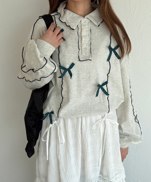 kutir（クティール）の「チェックリボンメローポロTシャツ（Tシャツ/カットソー・レディース・オートミール/アイボリー/オフホワイト・FREE）」の3枚目の写真