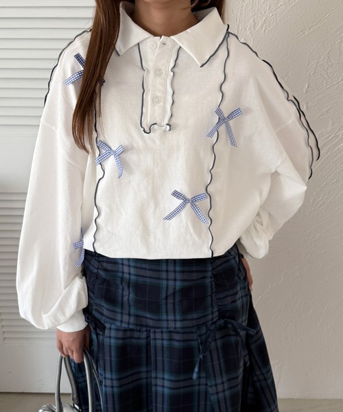 kutir（クティール）の「チェックリボンメローポロTシャツ（Tシャツ/カットソー・レディース・オートミール/アイボリー/オフホワイト・FREE）」の2枚目の写真