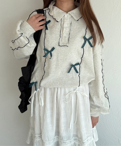 kutir（クティール）の「チェックリボンメローポロTシャツ（Tシャツ/カットソー・レディース・オートミール/アイボリー/オフホワイト・FREE）」の16枚目の写真