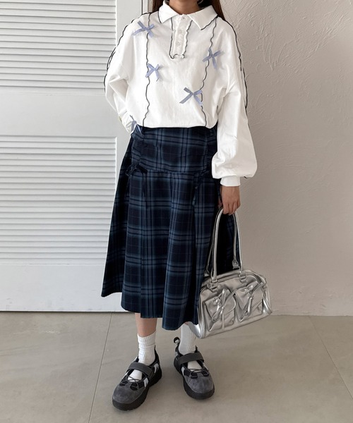 kutir（クティール）の「チェックリボンメローポロTシャツ（Tシャツ/カットソー・レディース・オートミール/アイボリー/オフホワイト・FREE）」の6枚目の写真