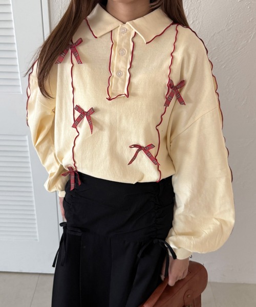 kutir（クティール）の「チェックリボンメローポロTシャツ（Tシャツ/カットソー・レディース・オートミール/アイボリー/オフホワイト・FREE）」の10枚目の写真