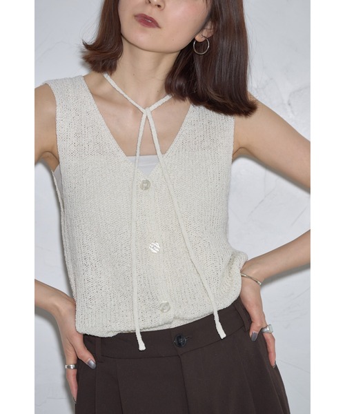 leimn(レイムン)の「紐付きVネックミックスニットベスト(Tシャツ/カットソー・レディース・ホワイト/ブラウン/ネイビー・M)」の3枚目の写真