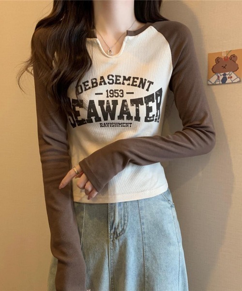 LETee(レティー)の「スリットネックとバイカラーデザインが映える!大人カジュアルなロゴラグランTシャツ(Tシャツ/カットソー・レディース・ホワイト/ベージュ・FREE)」の12枚目の写真
