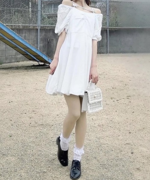 韓国　KASHIKO ホワイト ワンピース　バルーンスカート kannaさんコラボ＞2WAYバルーンスリーブワンピース（マキシ丈