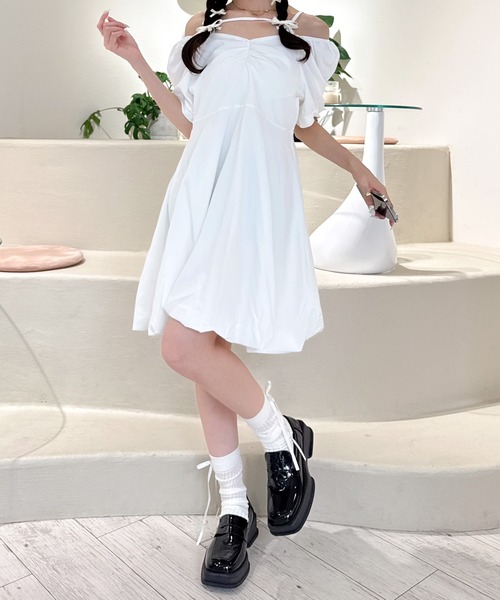 韓国　KASHIKO ホワイト ワンピース　バルーンスカート kannaさんコラボ＞2WAYバルーンスリーブワンピース（マキシ丈