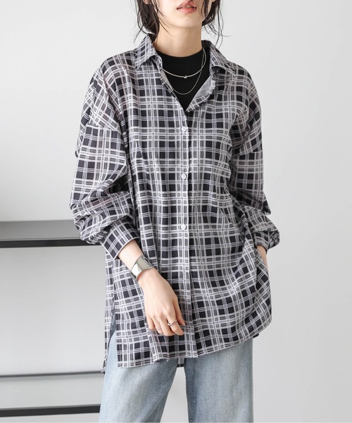 La-gemme（ラジェム）の「オーバーサイズ チェック柄シアーシャツ（シャツ/ブラウス・レディース・ベージュ/ブラック・フリー）」の12枚目の写真