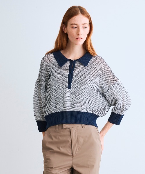 three dots（スリードッツ）の「メッシュハイツイストコットン ポロ（ポロシャツ・レディース・ホワイト/ネイビー/ホワイト×ネイビー・SMALL）」の2枚目の写真
