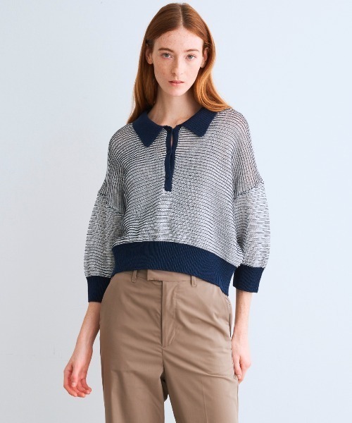 three dots（スリードッツ）の「メッシュハイツイストコットン ポロ（ポロシャツ・レディース・ホワイト/ネイビー/ホワイト×ネイビー・SMALL）」の12枚目の写真