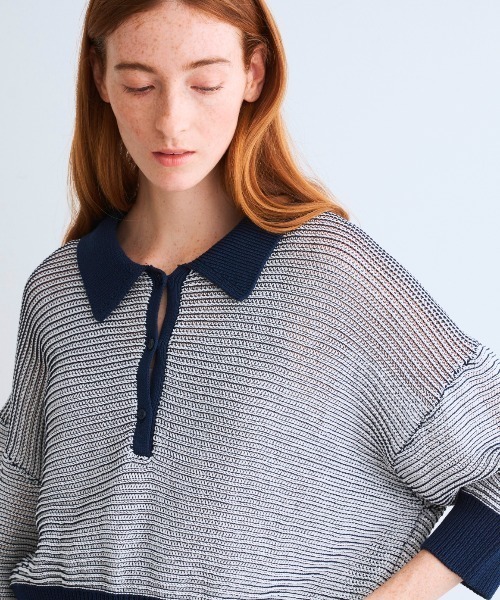 three dots（スリードッツ）の「メッシュハイツイストコットン ポロ（ポロシャツ・レディース・ホワイト/ネイビー/ホワイト×ネイビー・SMALL）」の13枚目の写真