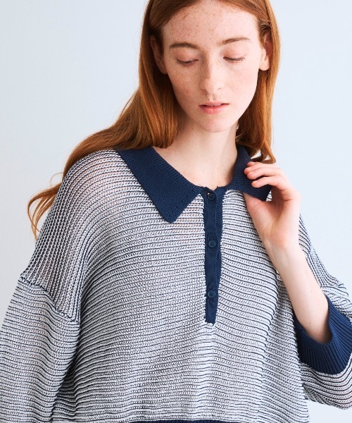 three dots（スリードッツ）の「メッシュハイツイストコットン ポロ（ポロシャツ・レディース・ホワイト/ネイビー/ホワイト×ネイビー・SMALL）」の14枚目の写真