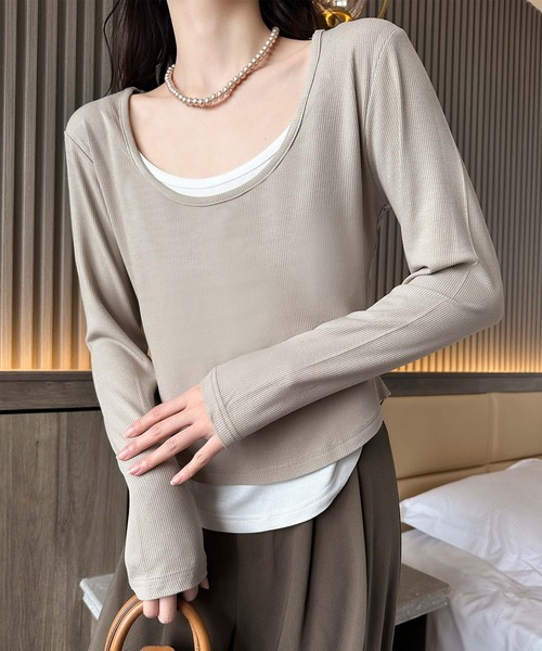 aimoha(アイモハ)の「レイヤード風デザイン長袖Tシャツ(Tシャツ/カットソー・レディース・チョコ/ベージュ/ブラック/ライトグレー・FREE)」の18枚目の写真