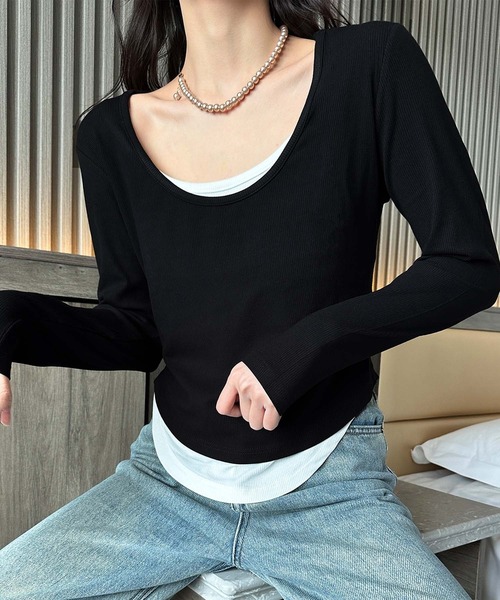 aimoha(アイモハ)の「レイヤード風デザイン長袖Tシャツ(Tシャツ/カットソー・レディース・チョコ/ベージュ/ブラック/ライトグレー・FREE)」の7枚目の写真