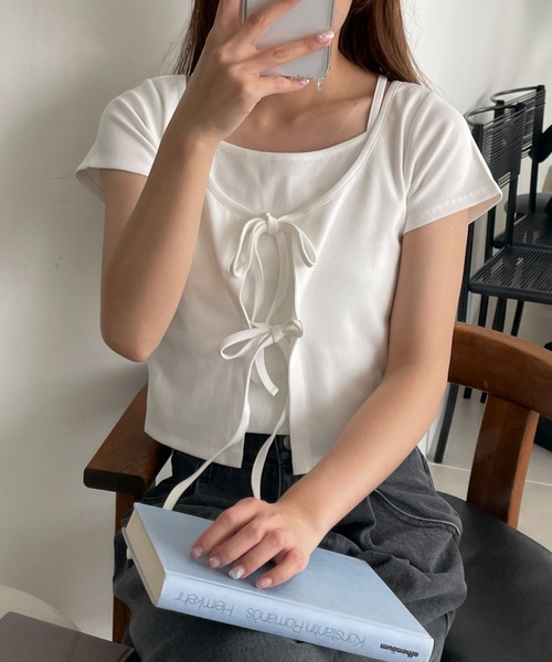 WEGO(ウィゴー)の「WEGO/キャミドッキングカーデトップス(Tシャツ/カットソー・レディース・ブラック/ホワイト・FREE)」の1枚目の写真
