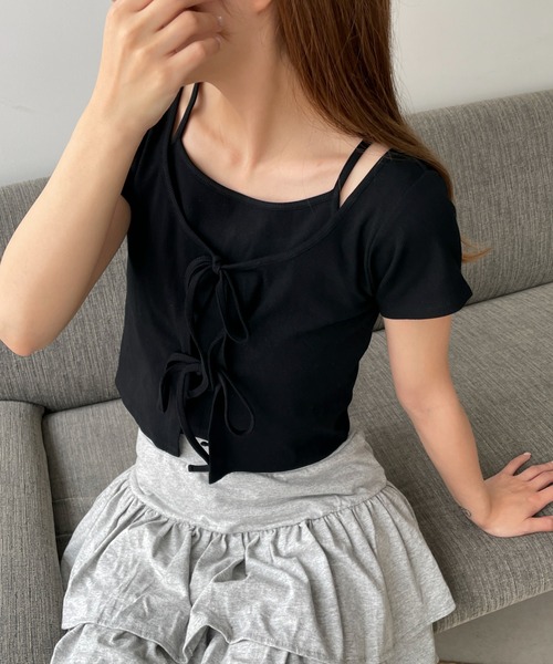 WEGO(ウィゴー)の「WEGO/キャミドッキングカーデトップス(Tシャツ/カットソー・レディース・ブラック/ホワイト・FREE)」の13枚目の写真