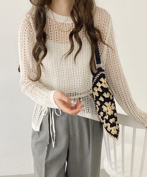 セール】メッシュシースルーウエストマークトップス（ニット/セーター
