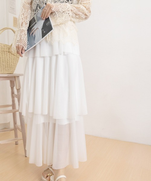 Miniministore(ミニミニストア)の「チュールティアードスカート ハイウエスト(スカート・レディース・ベージュ/ホワイト/ピンク/ブラック・FREE)」の1枚目の写真