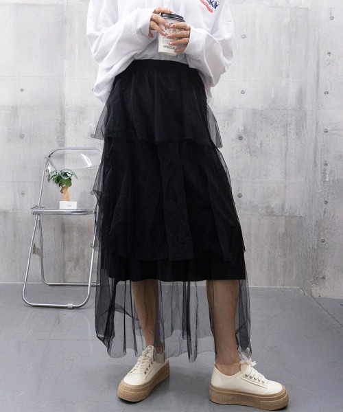 Miniministore(ミニミニストア)の「チュールティアードスカート ハイウエスト(スカート・レディース・ベージュ/ホワイト/ピンク/ブラック・FREE)」の2枚目の写真