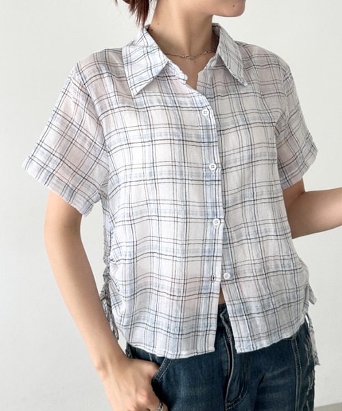 Bamm（バム）の「サイドギャザーチェックシャツ（シャツ/ブラウス・レディース・ネイビー/ホワイト・FREE）」の2枚目の写真