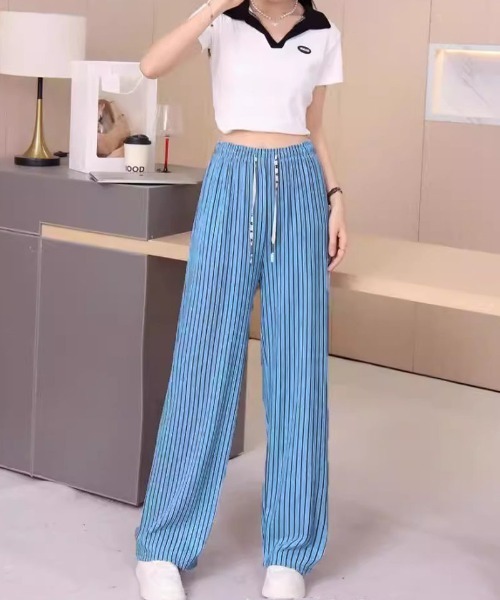 shoppinggo(ショッピングゴー)の「夏服 ワイドパンツ ストライプ(カーゴパンツ・レディース・グリーン/キャメル/ピンク/ブルー/ホワイト/ブラック・FREE)」の1枚目の写真