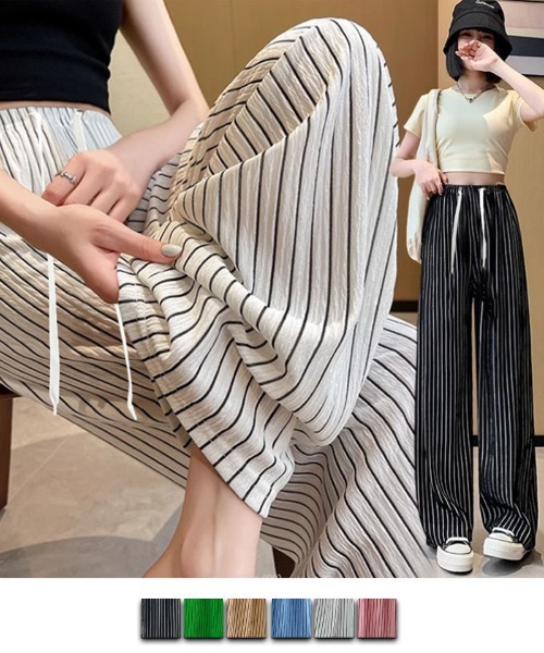 shoppinggo(ショッピングゴー)の「夏服 ワイドパンツ ストライプ(カーゴパンツ・レディース・グリーン/キャメル/ピンク/ブルー/ホワイト/ブラック・FREE)」の7枚目の写真