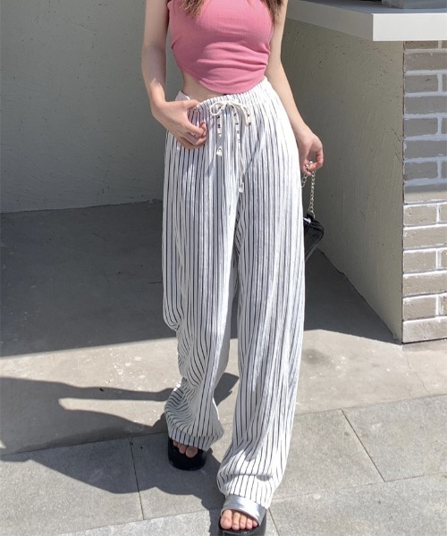 shoppinggo(ショッピングゴー)の「夏服 ワイドパンツ ストライプ(カーゴパンツ・レディース・グリーン/キャメル/ピンク/ブルー/ホワイト/ブラック・FREE)」の15枚目の写真