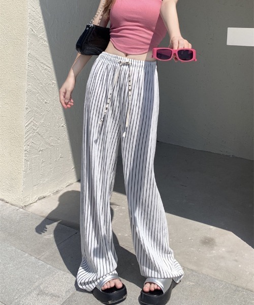 shoppinggo(ショッピングゴー)の「夏服 ワイドパンツ ストライプ(カーゴパンツ・レディース・グリーン/キャメル/ピンク/ブルー/ホワイト/ブラック・FREE)」の16枚目の写真