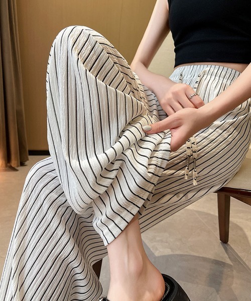shoppinggo(ショッピングゴー)の「夏服 ワイドパンツ ストライプ(カーゴパンツ・レディース・グリーン/キャメル/ピンク/ブルー/ホワイト/ブラック・FREE)」の18枚目の写真