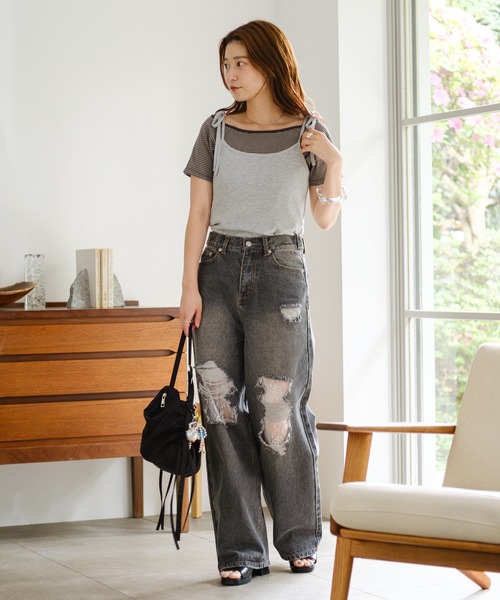 Kastane(カスタネ)の「【セットアイテム】ボーダーTEE×キャミSET(Tシャツ/カットソー・レディース・グレー/ブラック/サックスブルー・FREE)」の13枚目の写真