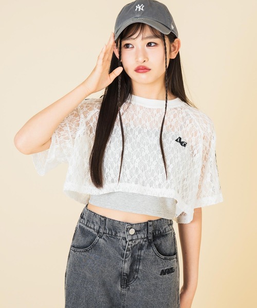 ANAP GiRL(アナップガール)の「ライン入 レース クロップド トップス(Tシャツ/カットソー・キッズ・ブラック/ホワイト・M/S/XS)」の2枚目の写真