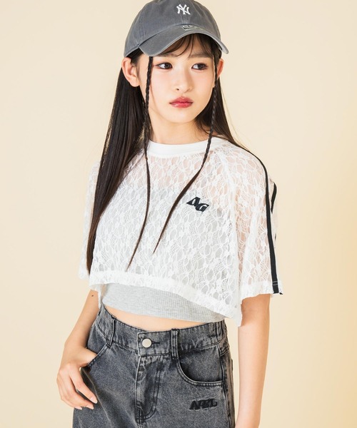 ANAP GiRL(アナップガール)の「ライン入 レース クロップド トップス(Tシャツ/カットソー・キッズ・ブラック/ホワイト・M/S/XS)」の3枚目の写真