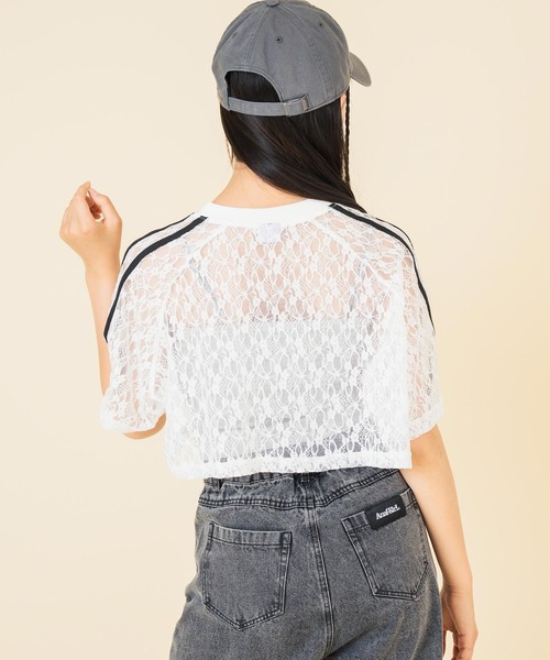 ANAP GiRL(アナップガール)の「ライン入 レース クロップド トップス(Tシャツ/カットソー・キッズ・ブラック/ホワイト・M/S/XS)」の5枚目の写真