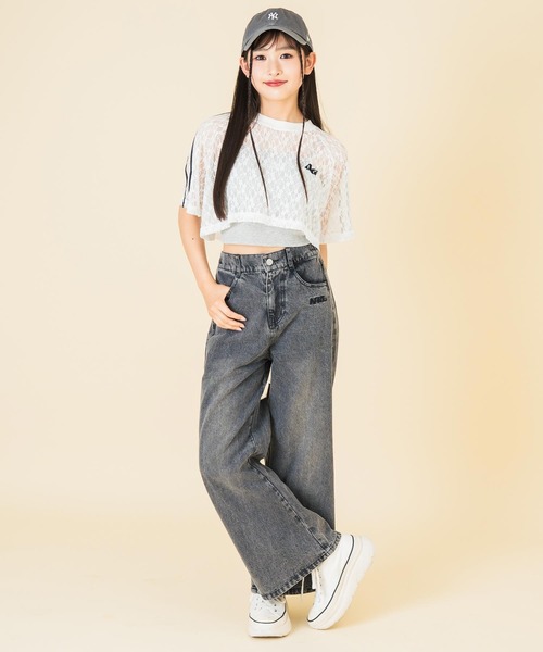 ANAP GiRL(アナップガール)の「ライン入 レース クロップド トップス(Tシャツ/カットソー・キッズ・ブラック/ホワイト・M/S/XS)」の6枚目の写真