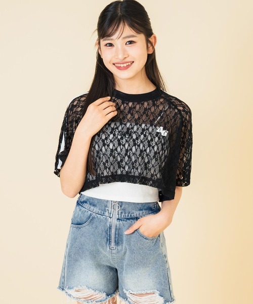 ANAP GiRL(アナップガール)の「ライン入 レース クロップド トップス(Tシャツ/カットソー・キッズ・ブラック/ホワイト・M/S/XS)」の7枚目の写真