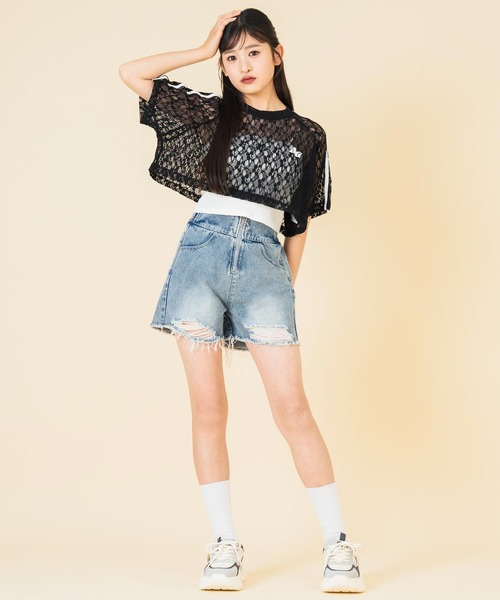 ANAP GiRL(アナップガール)の「ライン入 レース クロップド トップス(Tシャツ/カットソー・キッズ・ブラック/ホワイト・M/S/XS)」の8枚目の写真