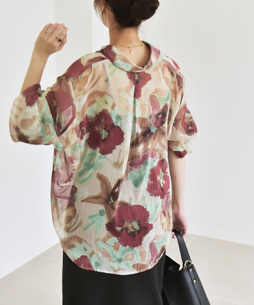 quaranciel(カランシエル)の「quaranciel:〈洗濯機可能〉シアー フラワー プリント シャツ ブラウス(シャツ/ブラウス・レディース・ベージュ/グリーン・ONE SIZE)」の14枚目の写真