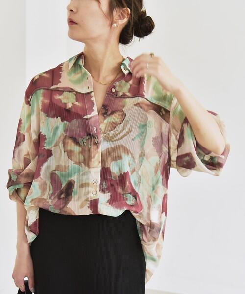 カランシエル（quaranciel）/quaranciel:〈洗濯機可能〉シアー フラワー プリント シャツ ブラウス セール】quaranciel:〈洗濯機可能〉シアー フラワー プリント シャツ