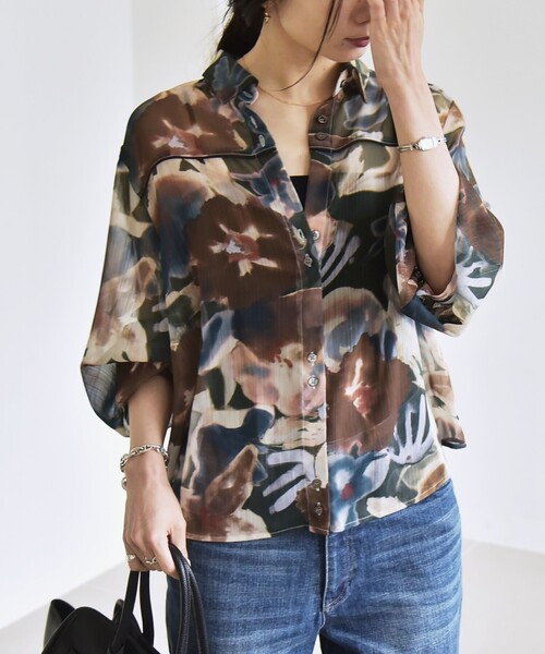 quaranciel(カランシエル)の「quaranciel:〈洗濯機可能〉シアー フラワー プリント シャツ ブラウス(シャツ/ブラウス・レディース・ベージュ/グリーン・ONE SIZE)」の15枚目の写真