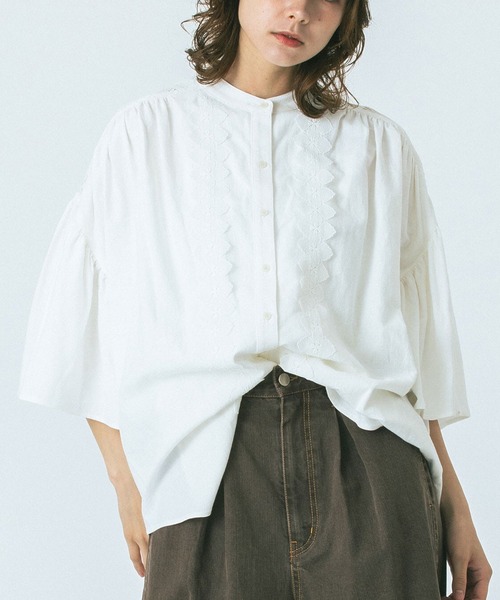 2024✨GENE HEAVENS ノーカラー オックスフォード フリルシャツ セール】(GENE HEAVENS)LACE YORK RUFFLE SHIRT（シャツ/ブラウス
