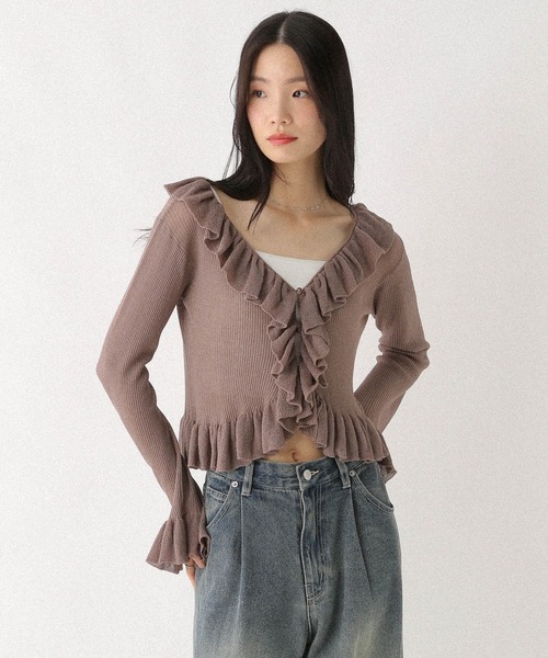 Heather(ヘザー)の「シアーフリルカーディガン 581507(カーディガン/ボレロ・レディース・ピンク/グレイッシュベージュ/オフホワイト・FREE)」の20枚目の写真